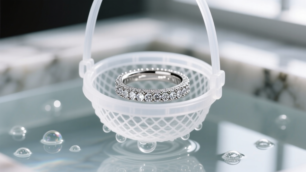 Macro shot of a platinum micro-pave diamond band resting in a plastic mesh jewelry basket inside an ultrasonic cleaning bath.
