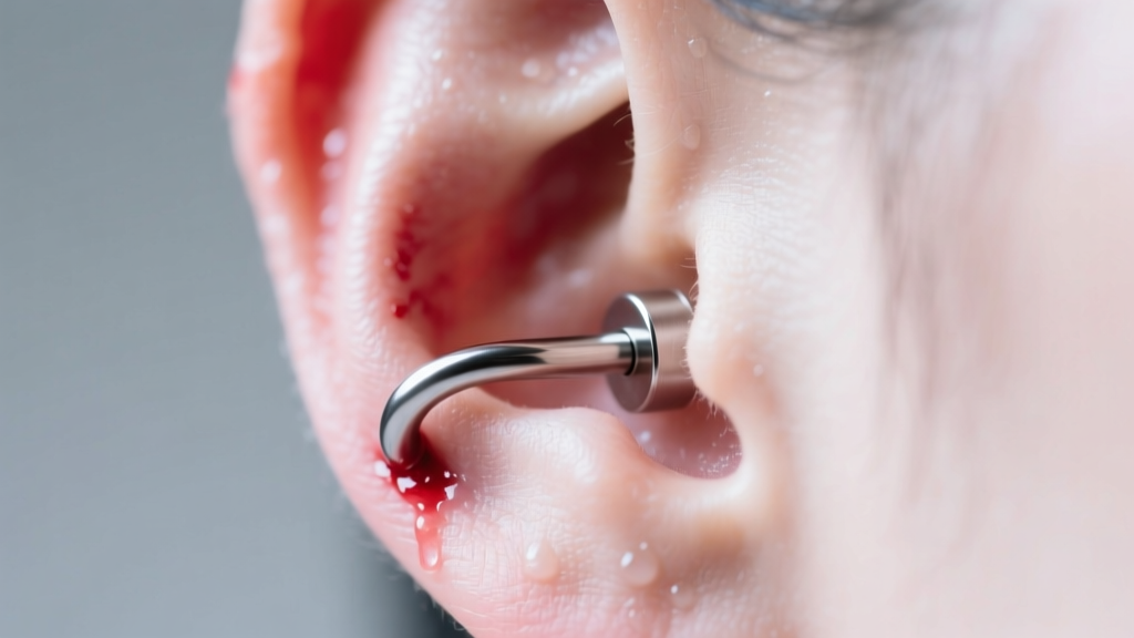 Close-up of a swollen, slightly bleeding earlobe piercing with a titanium labret stud, illuminated by soft clinical lighting.
