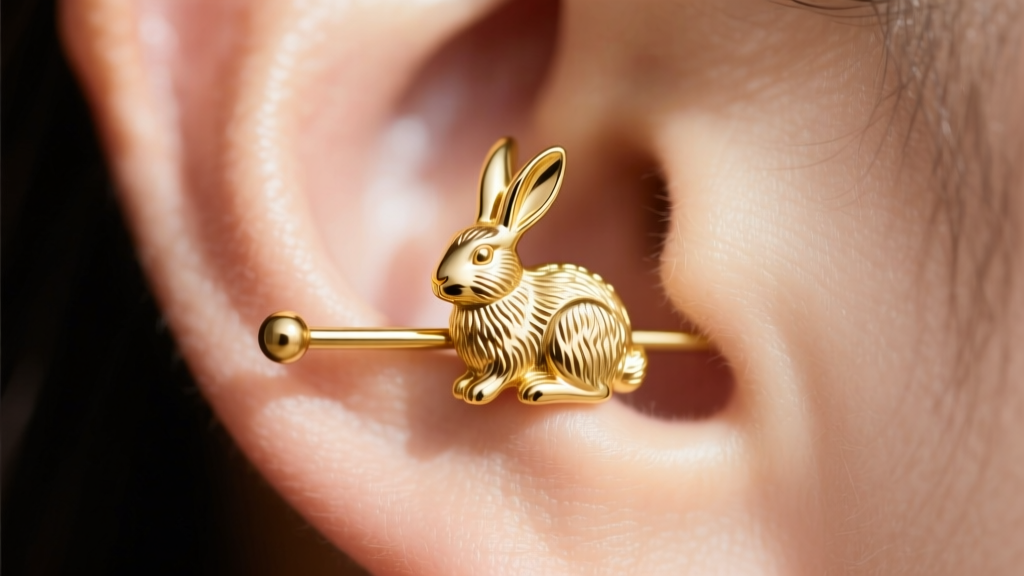 Close-up of an 18-gauge gold post through an earlobe, supporting a solid gold rabbit motif without drooping under bright lighting.