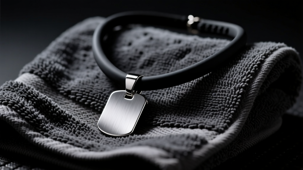 Black silicone athletic necklace with brushed steel pendant resting on a dark gym towel under dramatic moody studio lighting