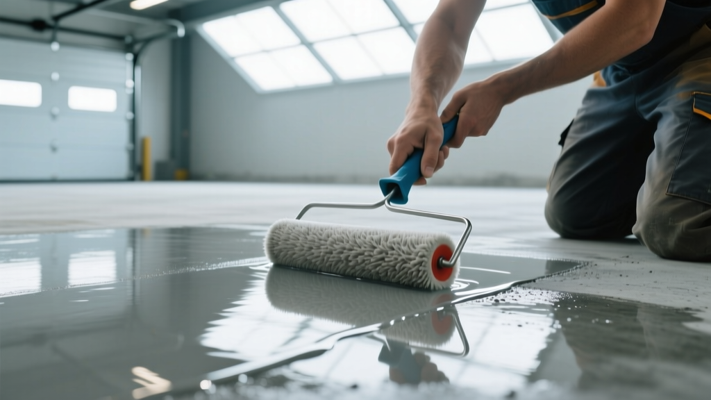 Close-up of a technician applying a clear polyurethane concrete sealer with a microfiber roller onto a polished industrial garage floor