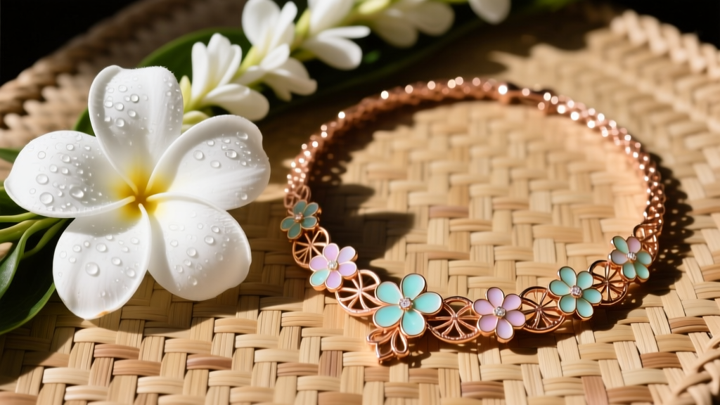 Flat lay comparing a fresh white pikake flower lei next to a vitreous enamel and rose gold floral choker on a woven lauhala mat