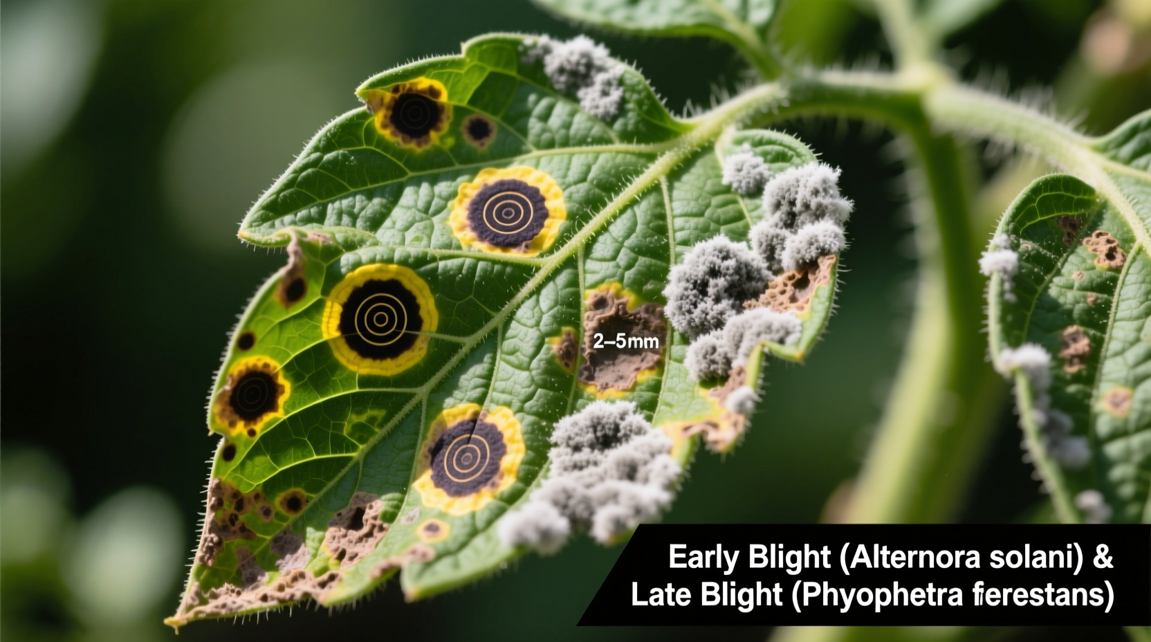 Tomato leaves showing early blight target spots and late blight lesions