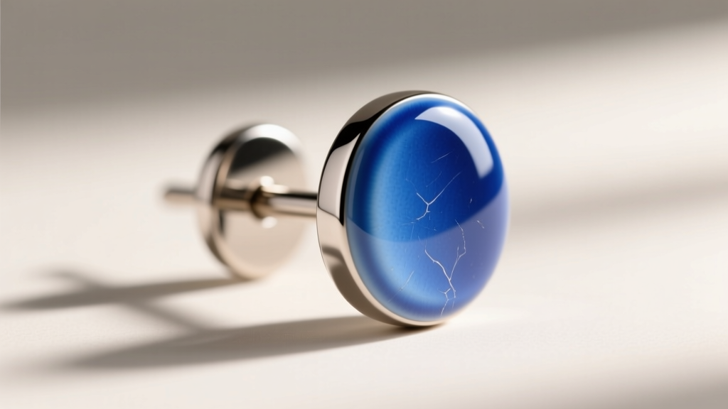 Extreme close-up of a vitreous enamel ghost stud earring on a titanium post showing a smooth glass finish and secure flat back