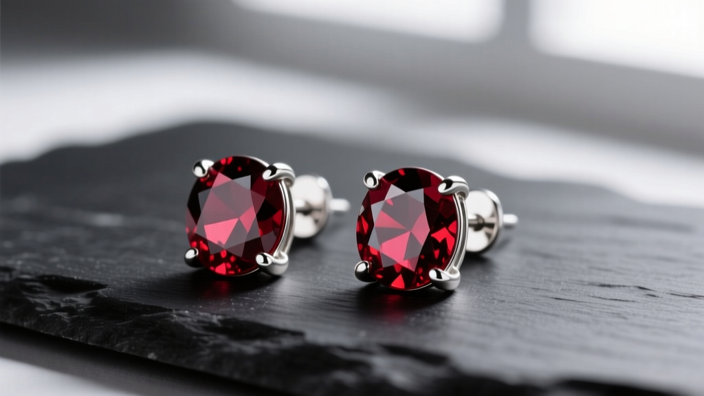 Close-up of 925 sterling silver stud earrings with deep red pyrope garnets in four-prong settings on a dark slate background.