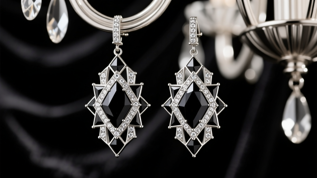 Close-up of authentic 1920s platinum Art Deco chandelier earrings featuring geometric onyx and diamond accents against dark velvet