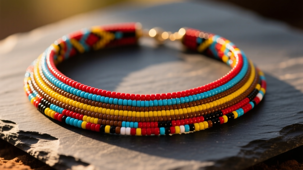 Close-up of a vibrant multi-strand Maasai seed bead collar necklace resting on dark slate under warm directional lighting.