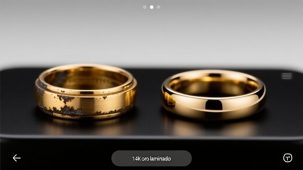 Side-by-side comparison of a tarnished gold-plated brass ring and a pristine 14k oro laminado ring resting on a digital jeweler's scale.