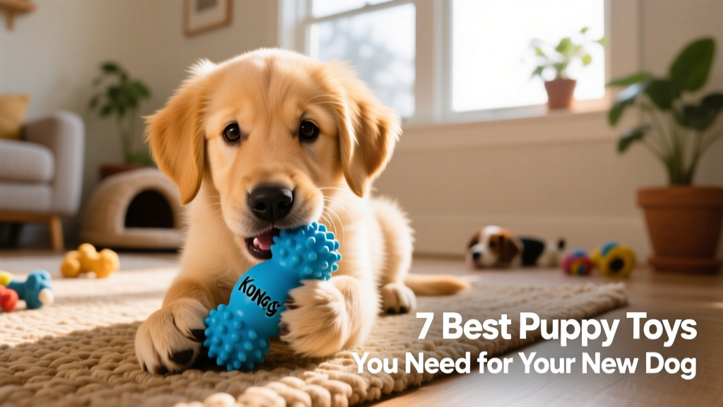 A playful golden retriever puppy gently chewing on a blue KONG Puppy toy