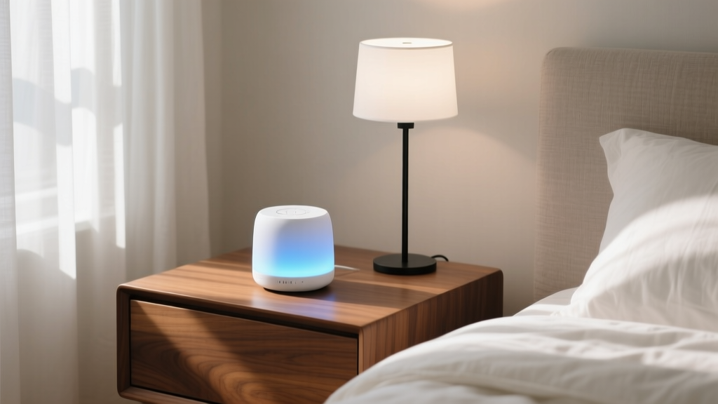 A sleek, modern bedside table featuring a glowing smart white noise machine next to a minimalist lamp, creating a calming sleep sanctuary.