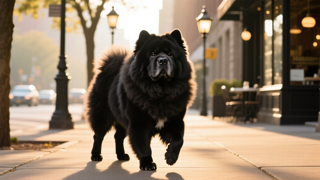 Black chow Chow standing on sidewalk