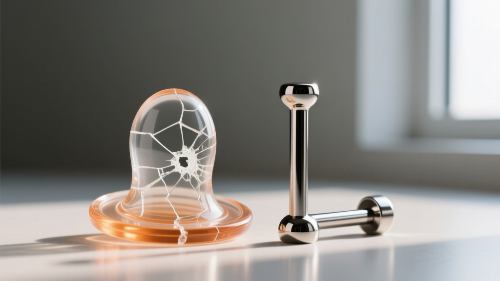 Cracked acrylic novelty nipple shield next to a pristine polished niobium barbell, showing the stark contrast in material quality.
