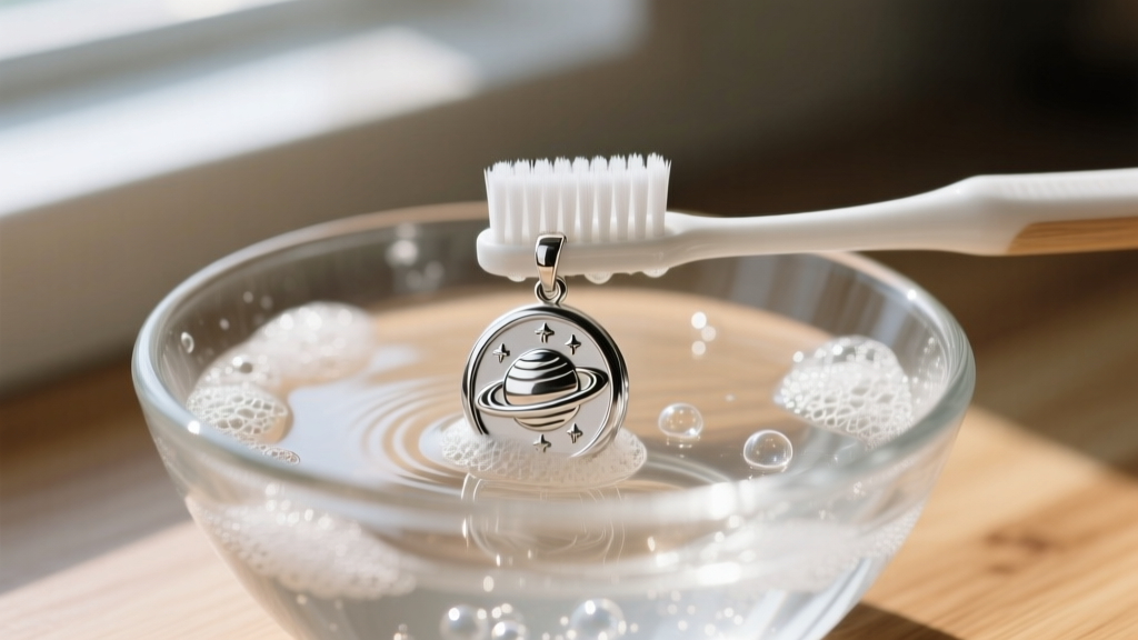 Soft toothbrush scrubbing a silver Jupiter pendant in a glass bowl of soapy water, illuminated by soft natural window light.
