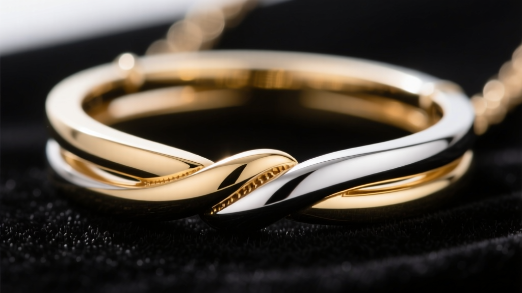 Macro jewelry photography showing the soldered joint of a mixed-metal two ring necklace, highlighting seamless metal transitions.