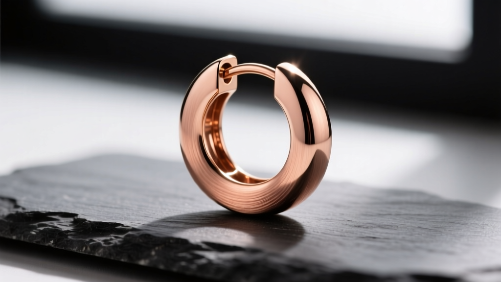 Macro shot of an 18-karat rose gold huggie earring with a brushed matte finish on dark slate, highlighting warm copper undertones