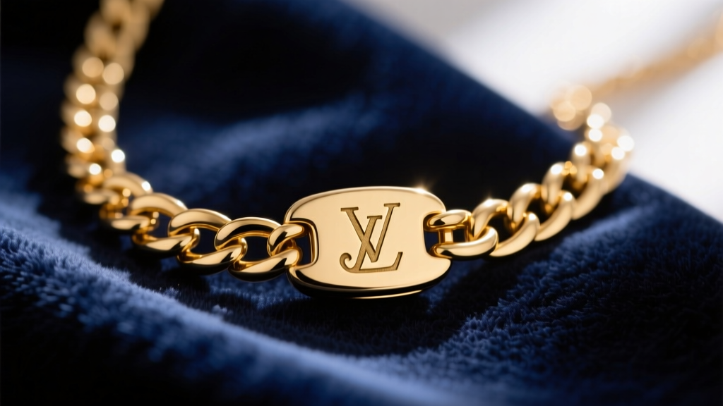 Macro shot of a luxury gold-plated chain link necklace clasp with a subtle monogram engraving, resting on dark navy velvet fabric