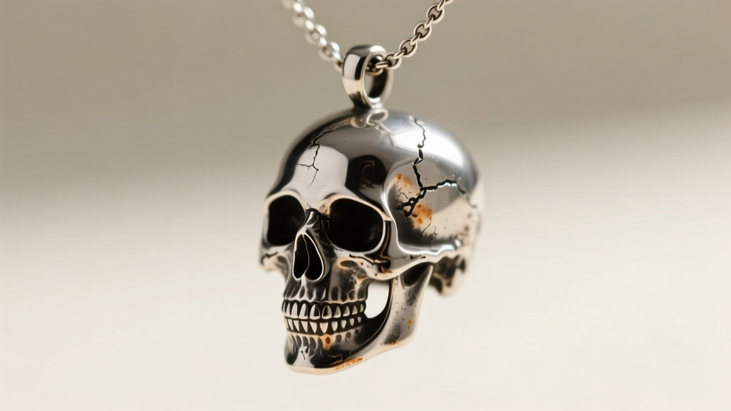Macro shot of an oxidized silver skull pendant on a 2mm rolo chain, highlighting darkened crevices and polished high points.