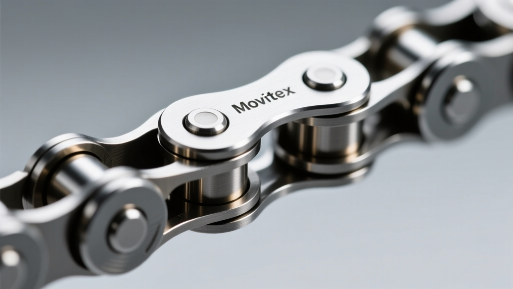 Macro of a steel Movitex chain, showing internal titanium core pins securing the micro-hinge links under bright studio lighting