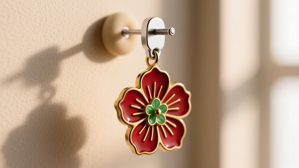 Macro view of a 20-gauge silver earring post with a silicone backing holding a heavy enamel floral drop earring against a softly blurred backdrop