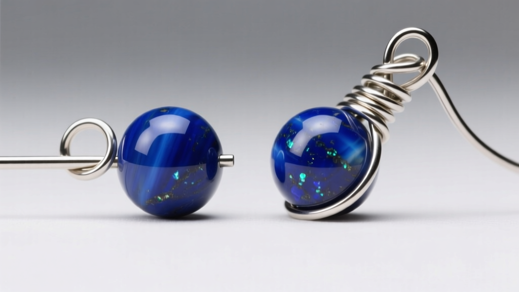 Close-up comparison of a simple loop versus a wrapped loop on a 22-gauge silver headpin holding a heavy lapis lazuli bead