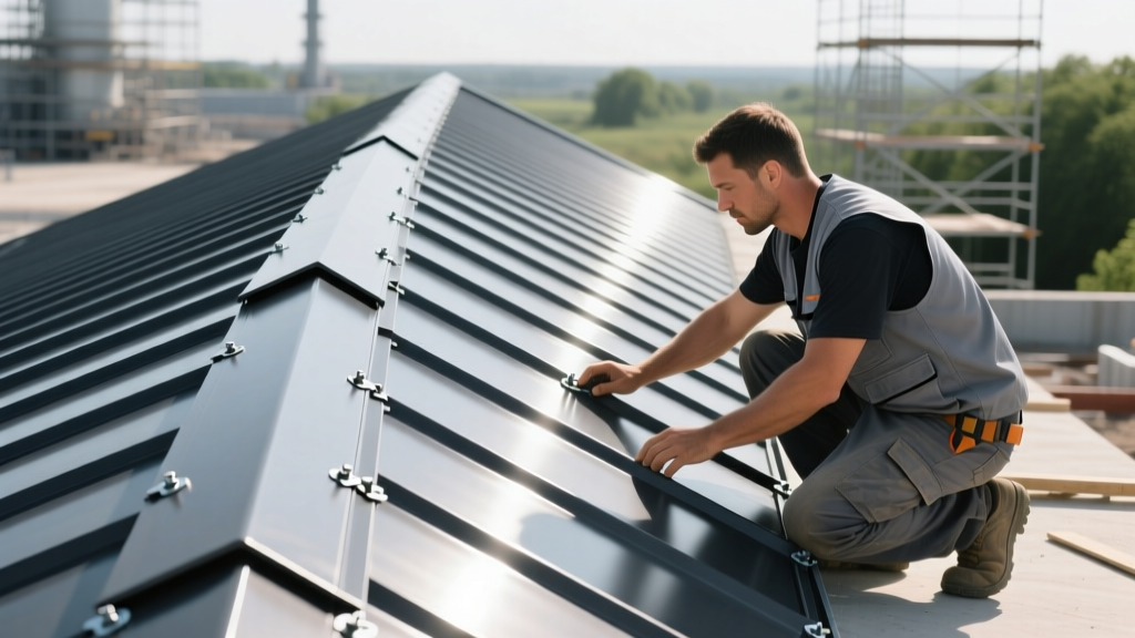 Charcoal standing seam aluminum roof reflecting sunlight, worker inspecting concealed fastener clips near the ridge cap.