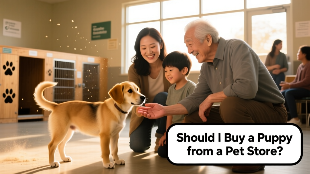 A joyful family meeting a friendly, calm puppy at a shelter adoption event