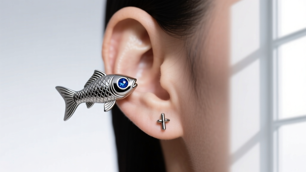 Close-up of a 16-gauge titanium koi fish cartilage stud with a sapphire eye, shown on a model's upper helix piercing