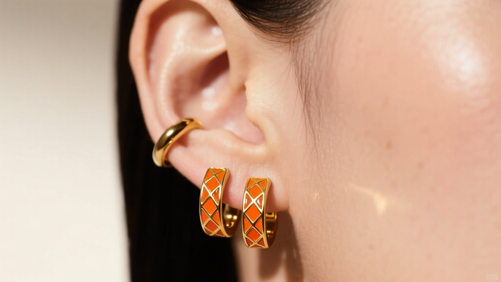 Earlobe wearing 25mm 18k gold clicker hoops with bright orange champlevé enamel detailing against soft, warm studio lighting