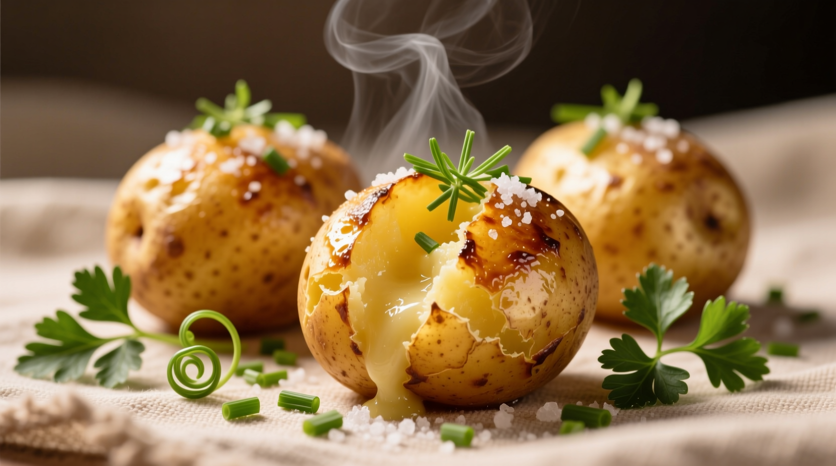 Golden fondant potatoes with herb garnish