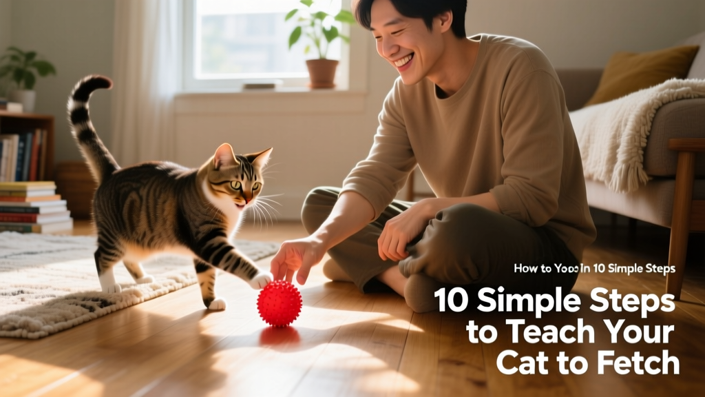 A relaxed owner sitting on the floor, smiling as their cat drops a toy at their feet during a playful fetch session