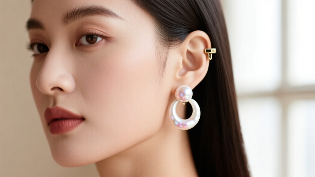 Profile of a woman wearing 50mm white South Sea pearl hoop earrings, showcasing the hinged clicker clasp and rose overtone