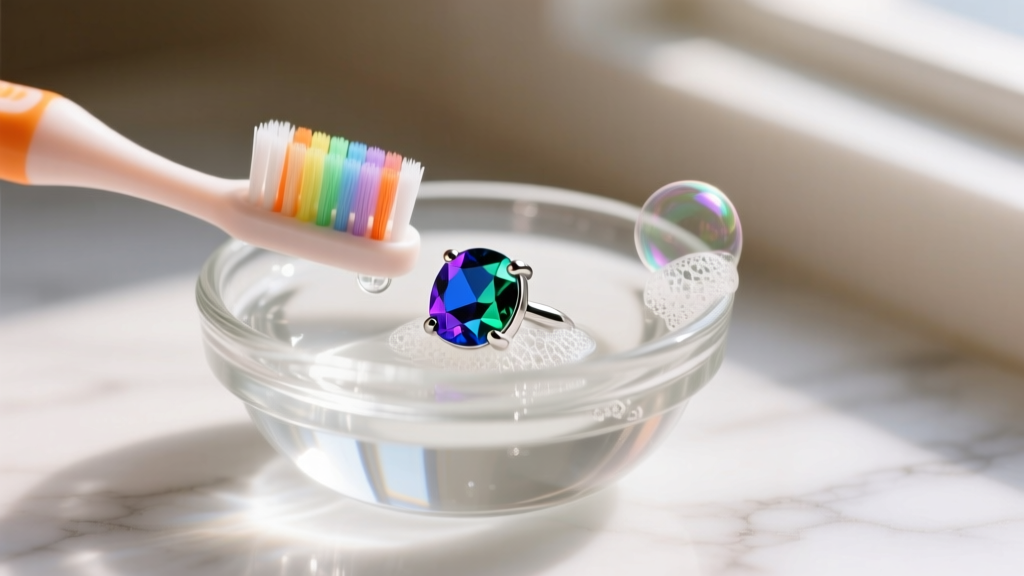 Soft baby toothbrush gently scrubbing a rainbow sapphire stud earring submerged in a small glass bowl of soapy distilled water.