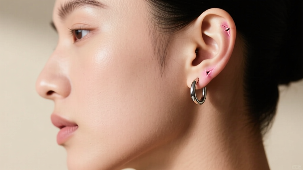 Side profile of a person showing a delicate 8mm titanium huggie hoop snugly fitting a healed upper helix cartilage piercing