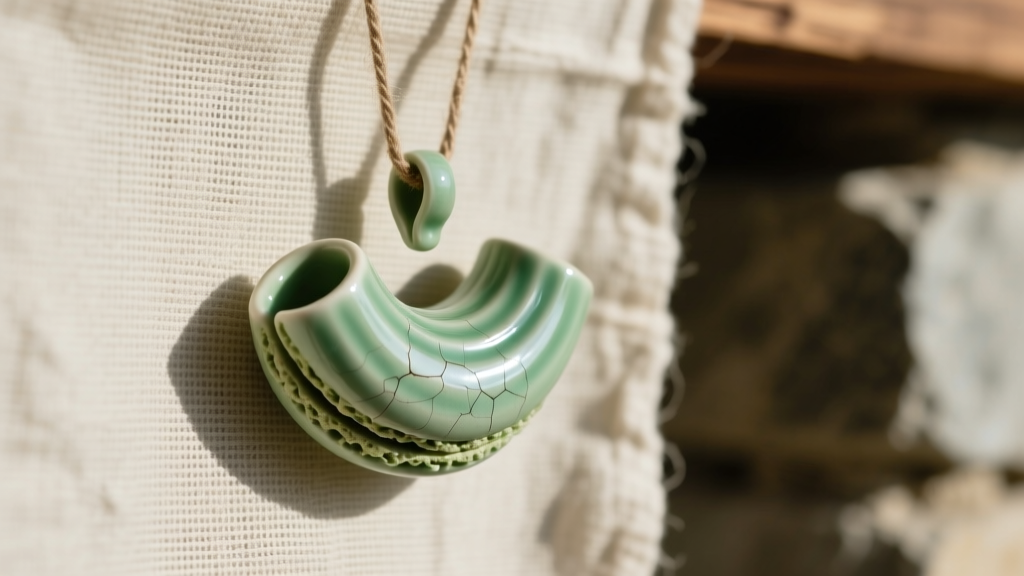 Close-up of a ceramic macaroni pendant with glossy celadon glaze on raw linen, highlighting artisanal texture and curved shape.