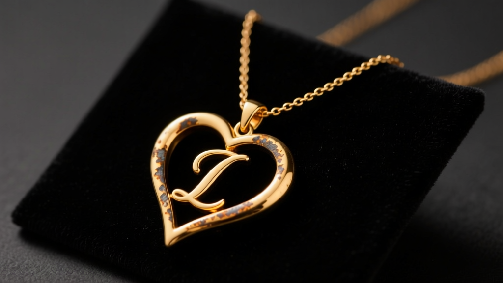 Tarnished 14k gold heart initial necklace on a dark velvet mat, illuminated by soft directional studio lighting.