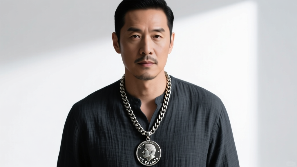 Man wearing a 24-inch stainless steel curb chain with a large VN Balboa coin pendant resting over a dark charcoal linen shirt.