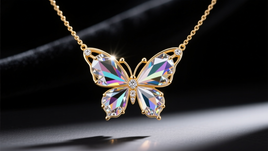 Macro shot of a 14k gold vermeil crystal butterfly necklace, faceted wings catching studio light against a dark velvet background.