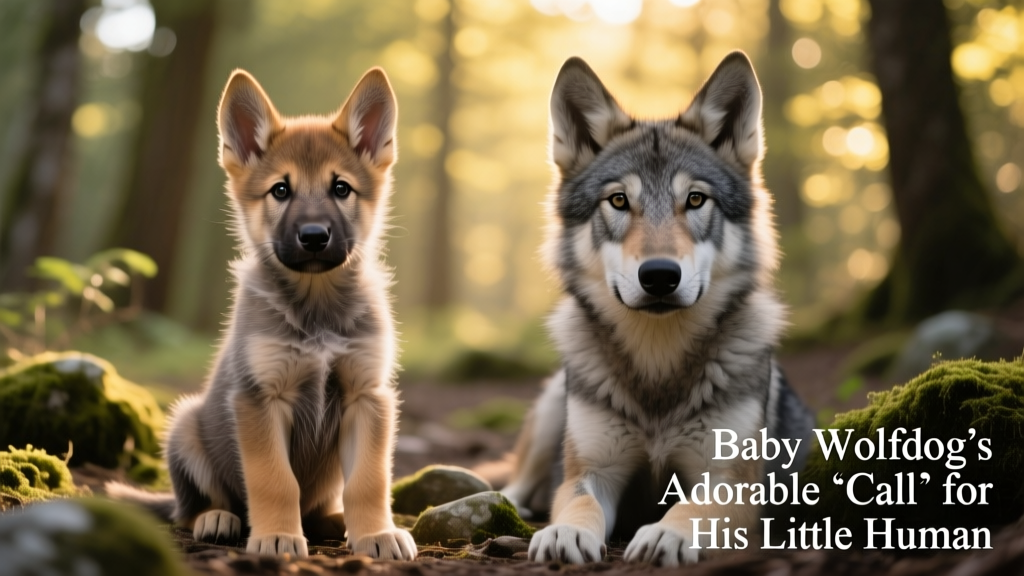 Side-by-side comparison showing physical similarities between a wolfdog pup and a young gray wolf, highlighting facial structure, fur texture, and posture
