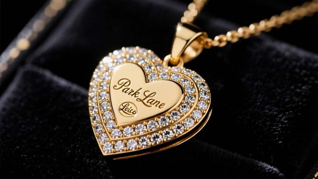 Close-up of vintage gold-tone Park Lane heart pendant on dark velvet, highlighting rhinestone pavé and hallmark engraving details.