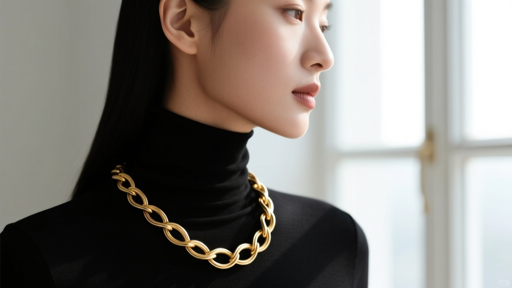 Side profile of a model wearing a 20mm hollow electroformed gold rope chain over a black turtleneck, showcasing the chain drape.
