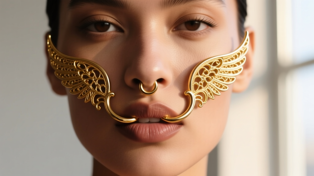 Close-up portrait of a person wearing ornate gold septum mustache jewelry, curved wings resting perfectly just above the upper lip.