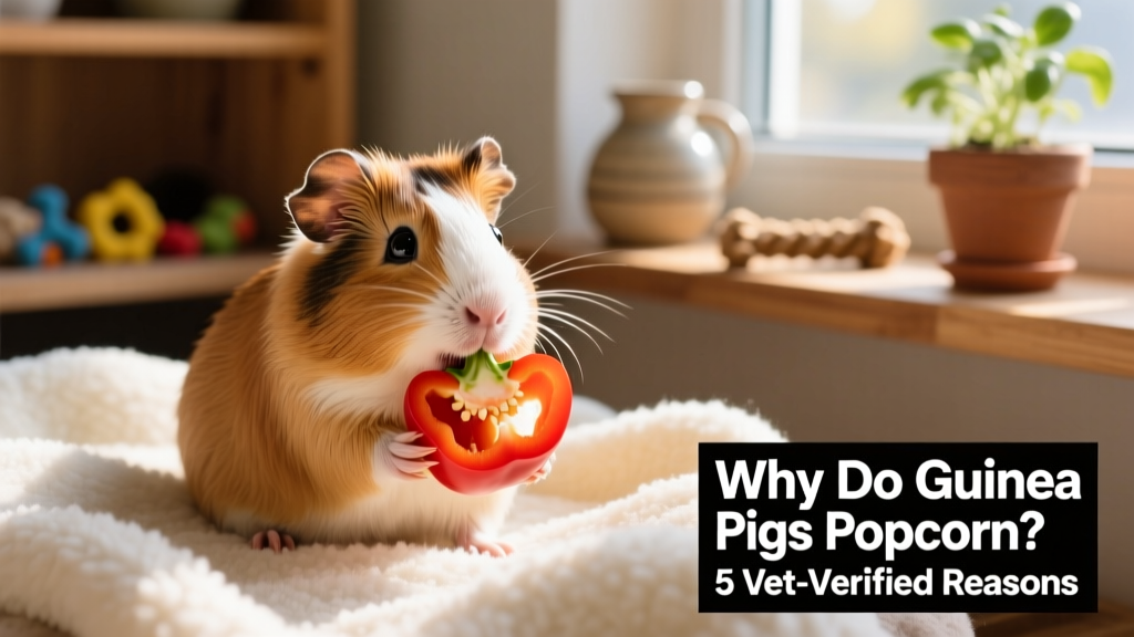 Close-up of a guinea pig sitting calmly on a soft fleece blanket, nibbling a slice of red bell pepper—showcasing healthy teeth, bright eyes, and relaxed posture