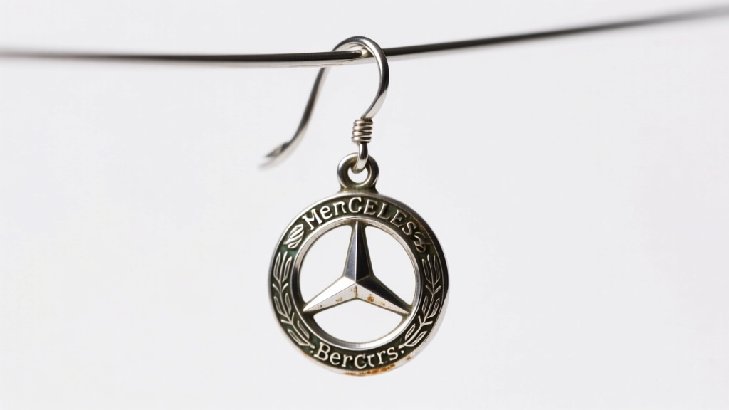 Macro shot of upcycled vintage Mercedes Benz hood ornament dangle earring attached to a 16-gauge surgical steel fishhook wire.