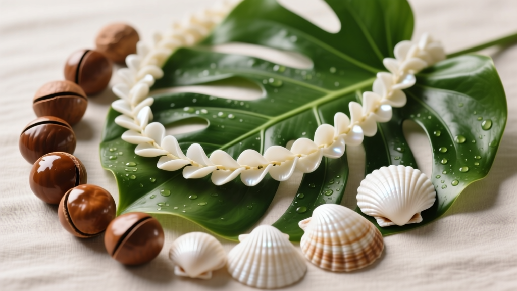Flat lay of polished brown kukui nuts, white cowrie shells, and vibrant green ti leaves used for traditional Hawaiian lei crafting.