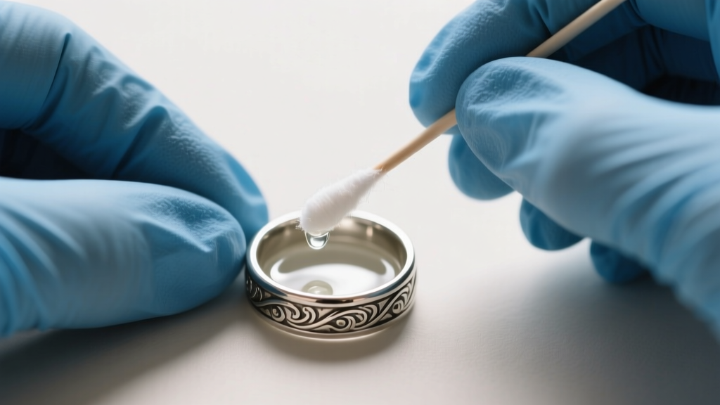 Hands in blue nitrile gloves using a cotton swab dipped in clear liquid to gently clean a tarnished silver-plated zinc ring.