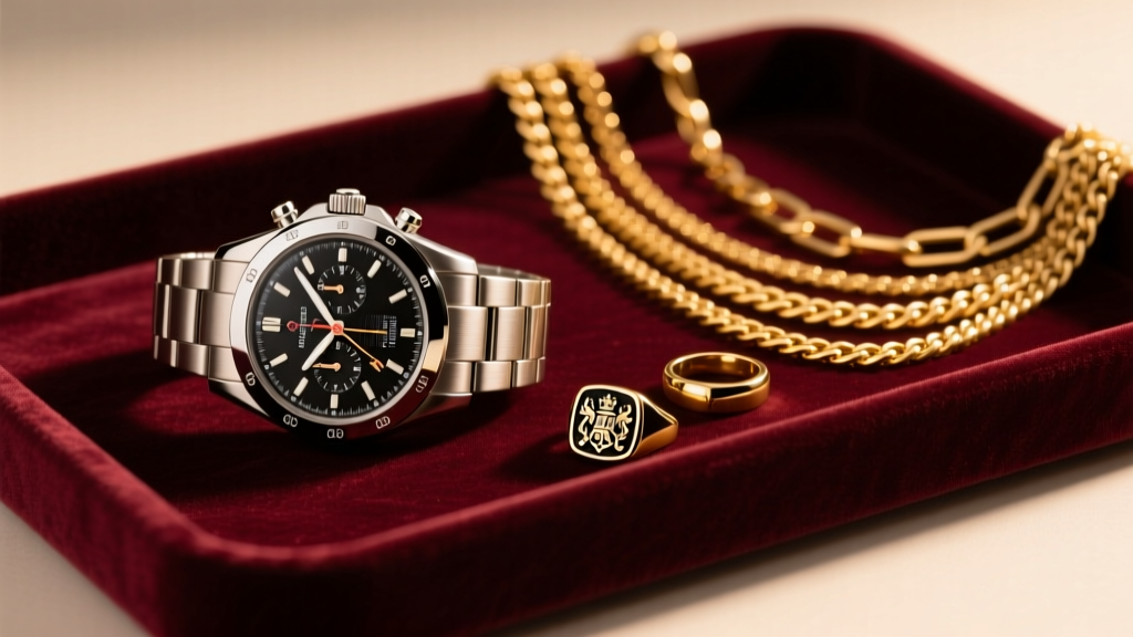 Steel chronograph watch on velvet tray beside layered 14k yellow gold chain necklaces and signet rings under warm studio lighting