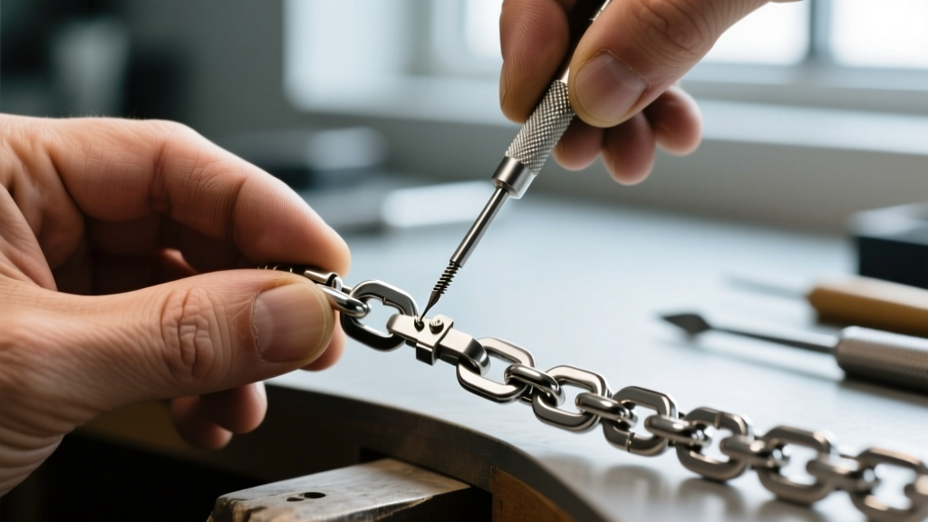 Macro shot of a jeweler using a 0.5mm precision screwdriver to adjust a microscopic hinge on a modular stainless steel chain.