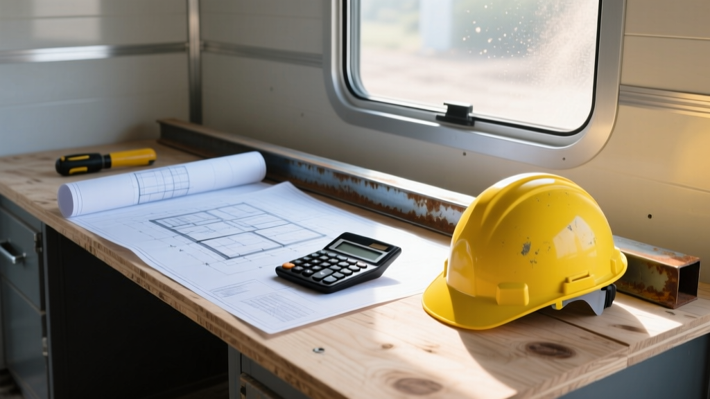 Blueprints on a plywood desk beside a calculator, steel beams, and a yellow hard hat in a bright construction site trailer