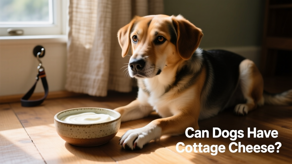 A small bowl of plain, low-fat cottage cheese next to a dog’s paw