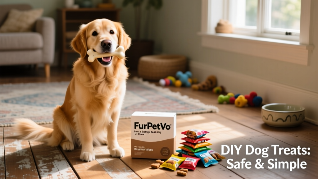 A happy dog holding a bone-shaped biscuit in its mouth, sitting beside a small stack of treats and FurPetVo packaging